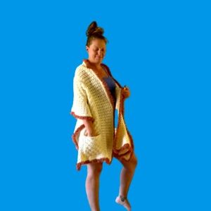 Handmade woman’s cream with rose and gold trim pocket shawl 80” long 20” wide